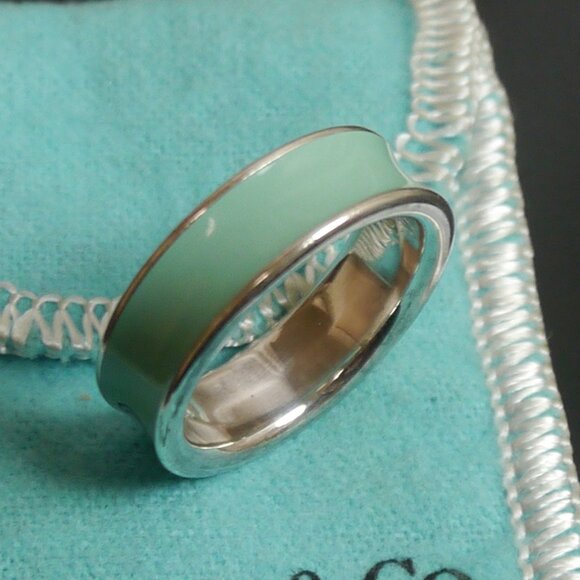 Sz 9 Tiffany & Co. 1837 Concave Blue Enamel Band Ring Silver Gift RARE - Picture 5 of 7